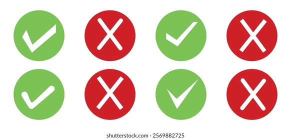 Check mark and cross mark icons. check box icon with right and wrong buttons and yes or no checkmark icons in green tick box and red cross vector illustration .