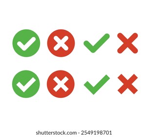  Marca de verificación e iconos cruzados en círculo. Marca de verificación verde, conjunto de iconos de marca de cruz roja. Marca de verificación e iconos cruzados en círculo. Aislado sobre fondo blanco. Trazo Editable. Ilustración vectorial