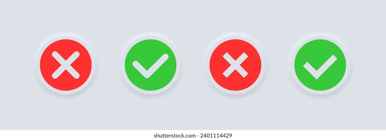 Check mark and cross icons. Flat, red cross, green checkmark, checkmark and cross icons. Vector icons