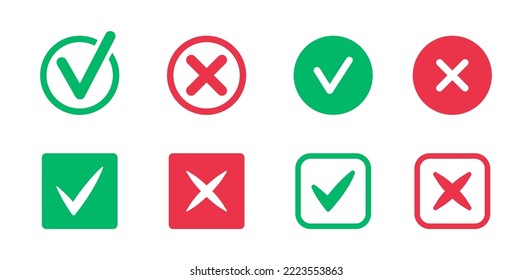 Check mark and cross icons. Green check mark and red cross. Tick and cross signs. Approved and rejected symbol. Vector illustration.