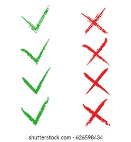 Check mark and cross mark icons isolated on white background. Vector illustration