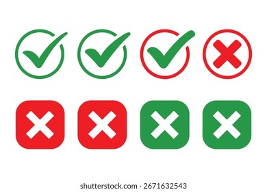 Check Mark and Cross Icons Representing Approval and Rejection in Green and Red Colors Vector Illustration