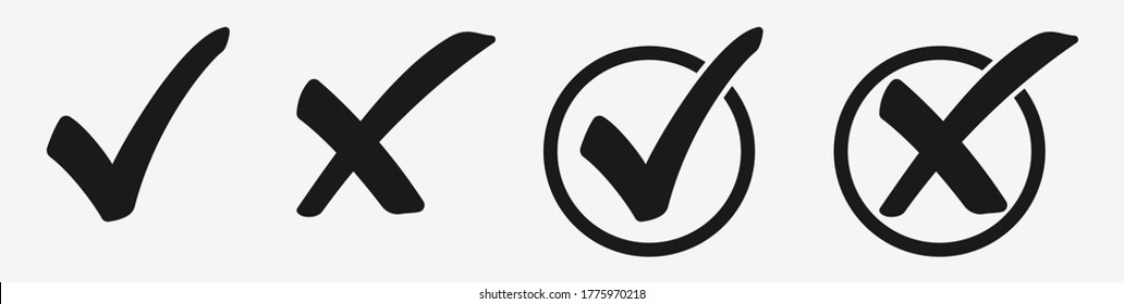 Check mark and cross icons set. Isolated check marks symbol on transparent background. Simple check mark. Quality, approval sign icon concept. Checklist signs. Stock vector.