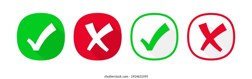 Check mark and Cross icons in two styles, flat and line. Vector concept elements set for use in ui, games, apps, web. Green check mark and red cross isolated on white.