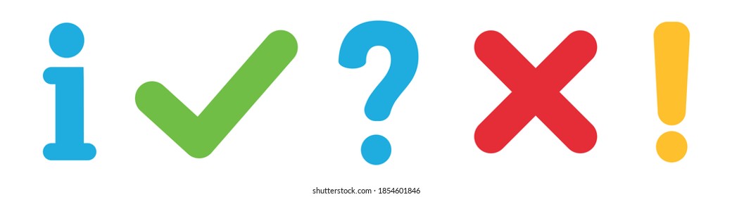 Check mark, cross, information and exclamation icons vector. Set colored flat button. Tick, question, information and answers mark. Signs isolated on white background. Vector illustration.