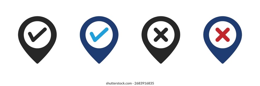Marca de verificación y conjunto de iconos de pin de mapa cruzado. Signo o íconos de Vector de ubicación incorrectos y correctos