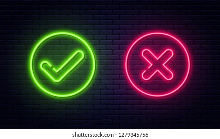 Check mark and cross mark in neon style. Green tick and red cross check marks. Retro signs with glowing neon tubes. Vector