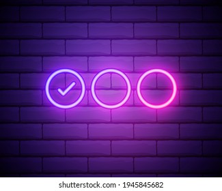 Marque la marca y la marca cruzada al estilo neón. marca de verificación y marca de verificación cruzada. Signos retro con tubos de neón brillantes. Vector. Pared de ladrillo,