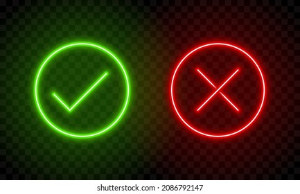 Check mark and cross mark in neon style. Green tick and red cross check marks. Retro signs with glowing neon. Vector illustration