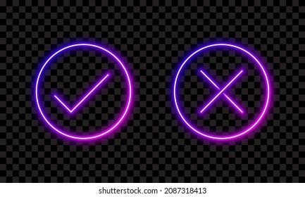 Check mark and cross mark in neon style. Retro signs with glowing neon. Vector illustration