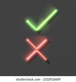 Check mark and cross mark in neon style. Green tick and red cross check marks. Retro signs with glowing neon tubes, vector format