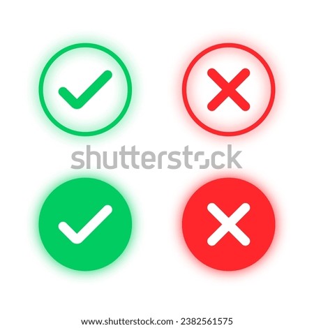 Check mark and cross mark in neon style. Green tick and red cross check marks in glassmorphism style. Vector EPS 10