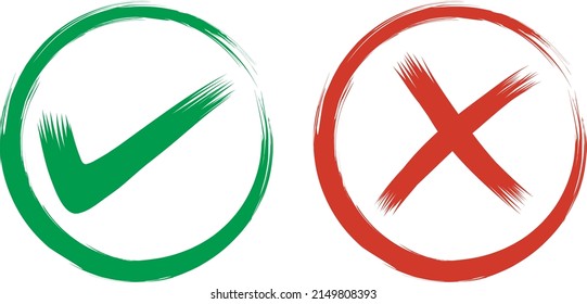Marcar y cruzar. Aceptar marca de verificación verde e icono cruzado rojo sobre fondo blanco. signo de diseño gráfico simple. símbolo SÍ y NO botones para votar, decisión, web. Ilustración del vector