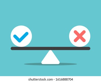 Check mark and cross on scale. Right and wrong, yes and no, positive and negative, choice and decision concept. Flat design. EPS 8 vector illustration, no transparency, no gradients