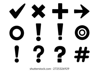 Check mark cross plus arrow circle exclamation question hash