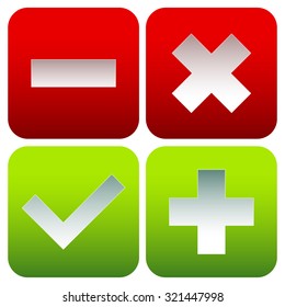 Check mark, cross, plus, minus sign set. vector