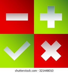 Check mark, cross, plus, minus sign set. vector