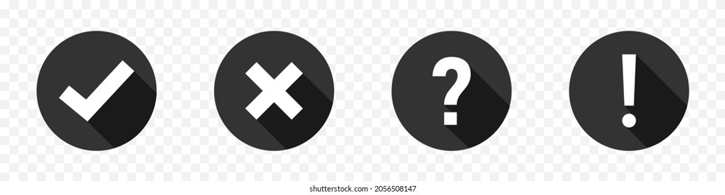 Check mark and cross with question and exclamation icon. Vector illustration. Signs collection in circle with shadow in flat design. EPS 10.