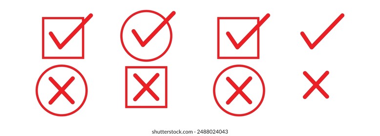 Check mark and Cross mark red icon set. Isolated tick symbols. Checklist signs. Right and wrong sign concept. Flat and modern checkmark design. Vector illustration. 