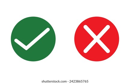 Check mark and cross right sign, icon. Yes and no buttons. Tick and cross. Wrong and correct approved mark symbol. Right or wrong signs, icons. Vector illustration