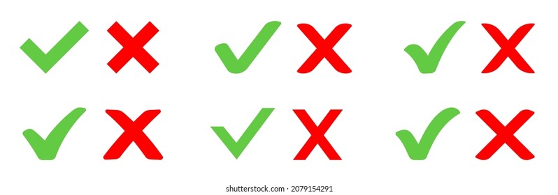 Check mark and Cross set. Green and red check mark and cross symbols. Vector illustration
