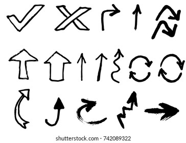 Check mark, cross sign, arrows and recycling signs. Hand drawn. Vector, isolated