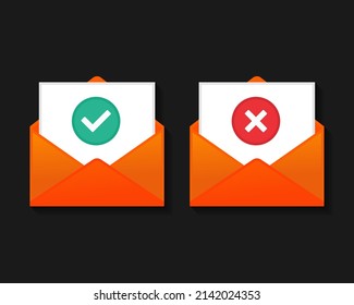 Check mark and cross sign document in mail envelope. Vector illustration