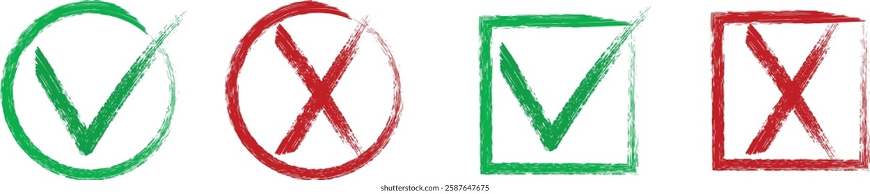 Check mark cross sign in grunge style. Yes and no symbol. Dirty hand drawn brush stroke.
