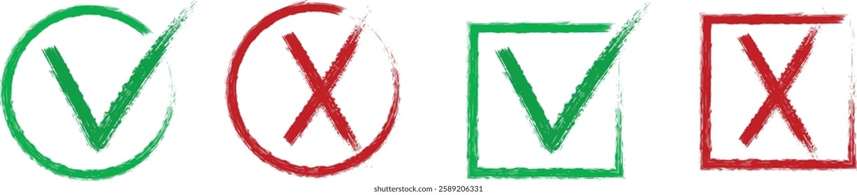 Check mark cross sign in grunge style. Yes and no symbol. Dirty hand drawn brush stroke.