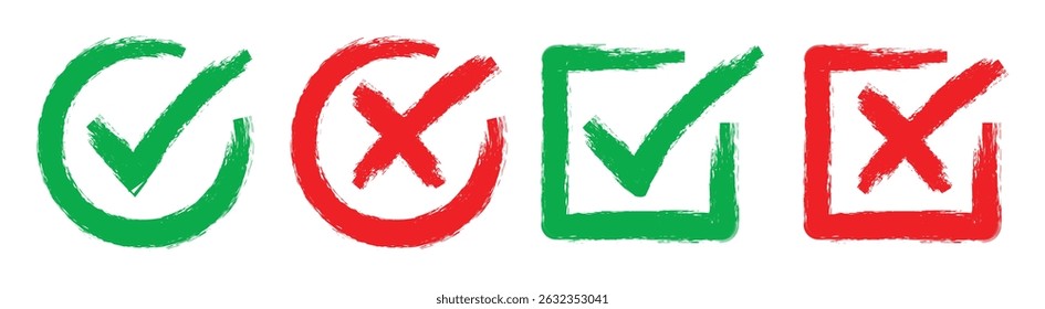Marca de seleção em estilo grunge. Símbolo sim e não. Elementos de sinal de marca e cruz. botões de vetor para voto, escolha de eleição, marcas de seleção, design de sinais de aprovação. Ícones dos símbolos X vermelho e OK verde.
