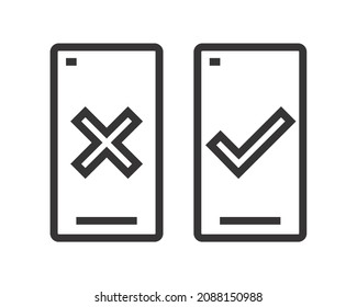 Check mark and cross sign on mobile phone screen. Illustration vector