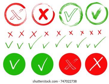  Check mark and cross signs. Brush strokes, vector, isolated.