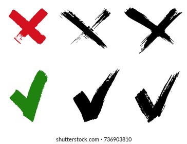 Check mark and Cross signs. Hand drawn with brushes. Vector, isolated