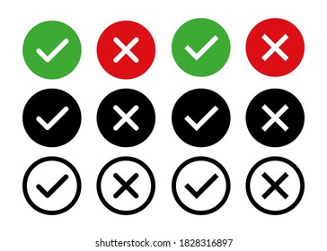 Check mark cross signs. Vector isolated elements. Check mark circle black icons signs vector. Vote symbol isolated vector tick elements. EPS 10