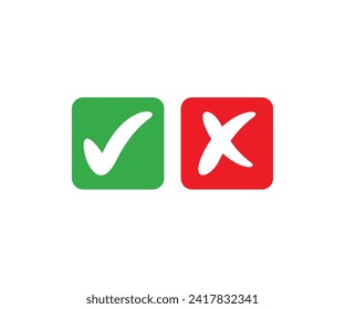Check mark and cross in square. Flat, color, approved and denied icon, checkmarks and crosses vector design and illustration.
