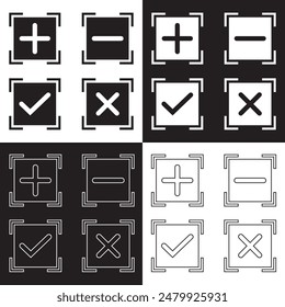 Check mark and Cross symbol icon vector. Plus and minus symbol icon on white and black  background. EPS 10. Vector illustration. EPS 10
