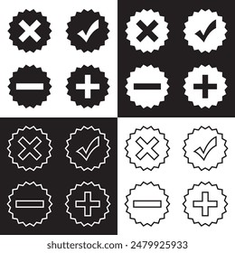 Check mark and Cross symbol icon vector. Plus and minus symbol icon on white and black  background. EPS 10. Vector illustration. EPS 10
