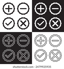 Vector de marca de verificación y símbolo de cruz. Icono de símbolo más y menos sobre fondo blanco y negro. EPS 10. Ilustración vectorial. EPS 10
