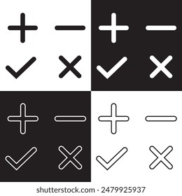 Häkchen und Kreuz Symbol Vektorgrafik. Plus und Minus Symbol auf weißem und schwarzem Hintergrund. EPS 10. Vektorillustration. EPS 10

