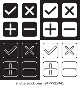 Vector de marca de verificación y símbolo de cruz. Icono de símbolo más y menos sobre fondo blanco y negro. EPS 10. Ilustración vectorial. EPS 10
