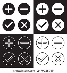 Check mark and Cross symbol icon vector. Plus and minus symbol icon on white and black  background. EPS 10. Vector illustration. EPS 10
