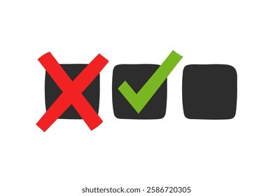 Check Mark and Cross Symbol Set. Hand drawn vector illustration of vote and choice signs on black square checkbox.