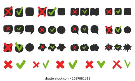 Check Mark and Cross Symbol Set. Hand drawn questionnaire icon symbols with red and green signs on black checkboxes. Vector illustration in flat style