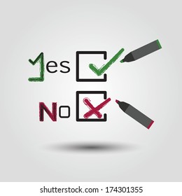 Check mark and cross symbols in check box - including word Yes, word No, matching color markers and drop shadow