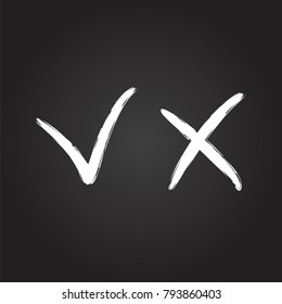 Check mark, cross mark symbols, chalk design. Vector icon.