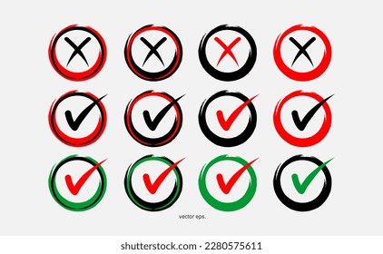 Markierungssymbole und Kreuzsymbolen in flachen Stilen überprüfen, Symbole überprüfen, Vektorgrafik. Symbol für Website-Computer und mobile Vektorgrafik