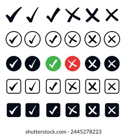 Marca de verificación, símbolos cruzados, estilos planos, marca de verificación, símbolos cruzados, Acuerdo aceptado aprobado, Botón de punto aprobado, cancelar. Imágenes producidas sin el uso de ninguna forma de IA. software