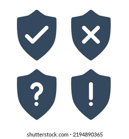 marca de verificación, símbolos cruzados, signo de interrogación, punto de exclamación, conjunto de iconos vectoriales de escudo sólido gris