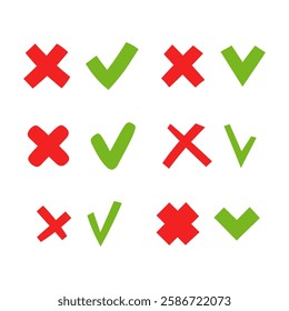 Check Mark and Cross Symbols Set. Variation of vote choice signs. Questionnaire quiz right or wrong answer icons. Red and Green color. Vector illustration in flat style