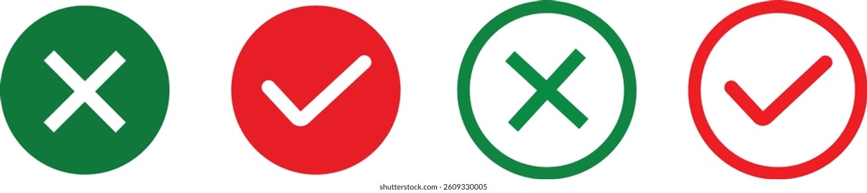 Check mark and cross mark. Check mark or tick icons symbol sign illustration,
